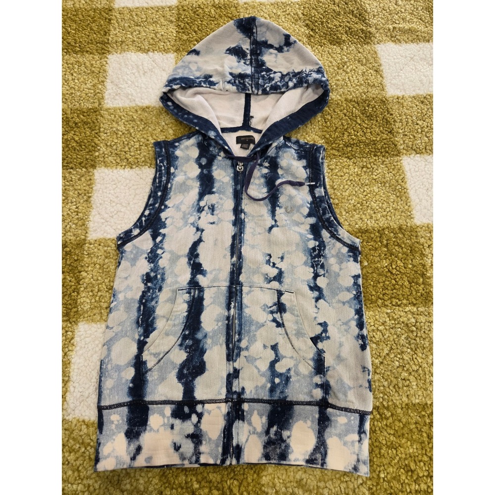 True Religion Womens Tie Dye Sleeveless Zip Up Hoodie Vest Blue White XS
